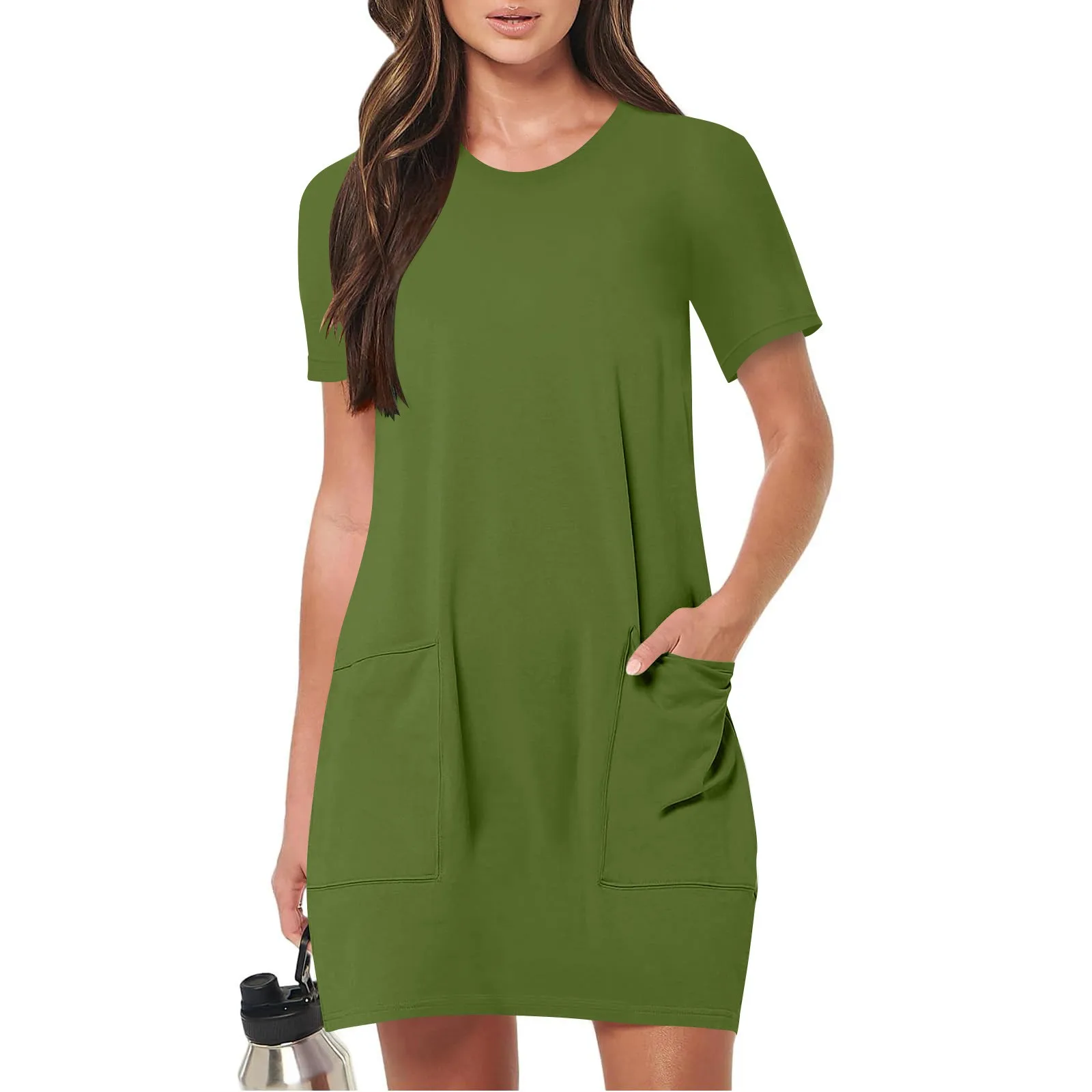 Army green pocket dress on model